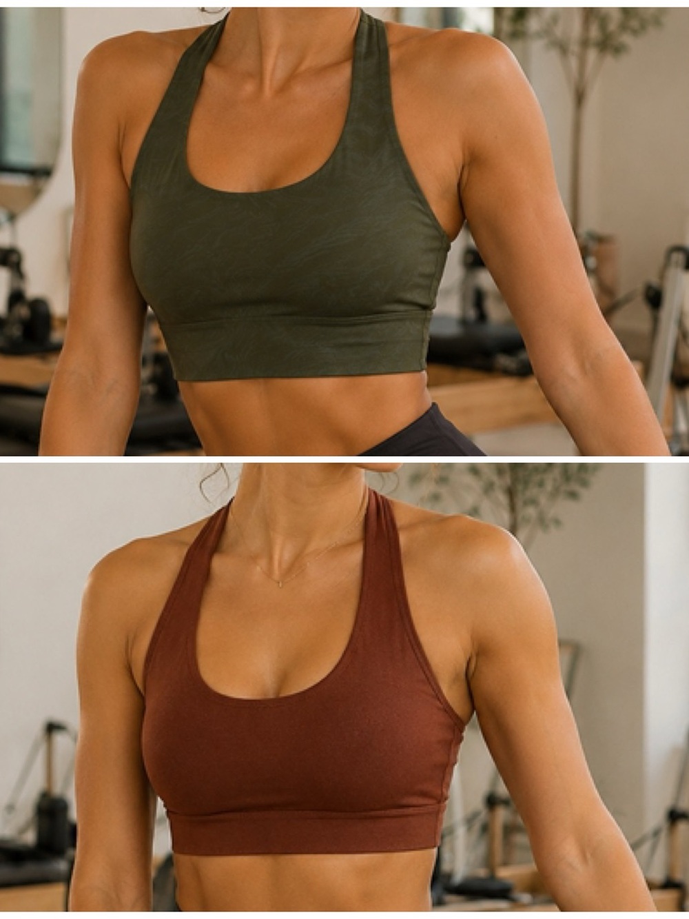 Fabletics Reversible Halter Top Sports Bra in Olive Green & Brown